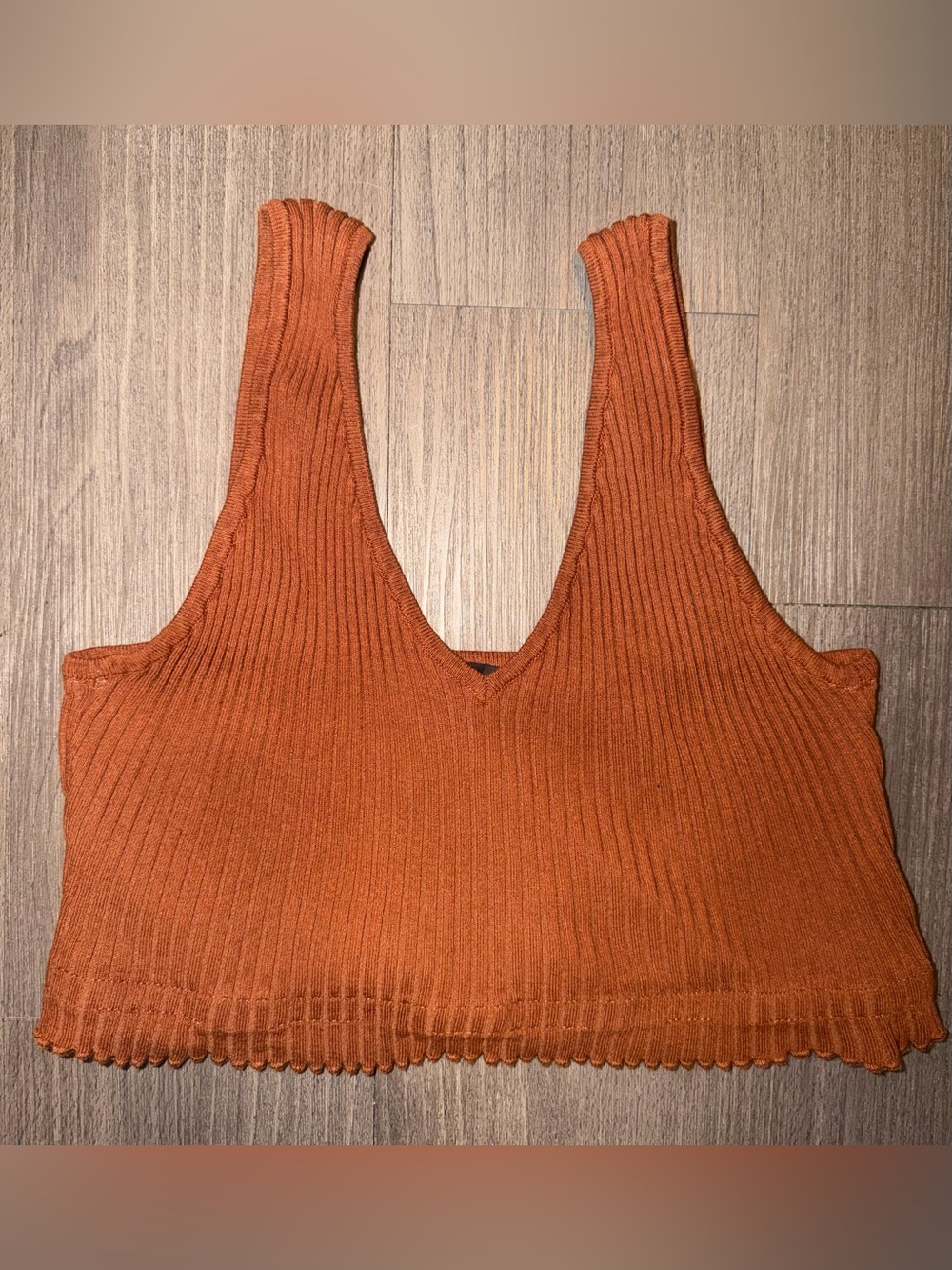 REHAB LAB Brown Ribbed Knit Cropped Sleeveless V-Neck Tank Top